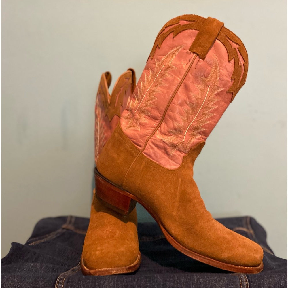 Vintage Women’s Tony Lama Pink Leather with Brown Suede western Boot Size 8 1/2